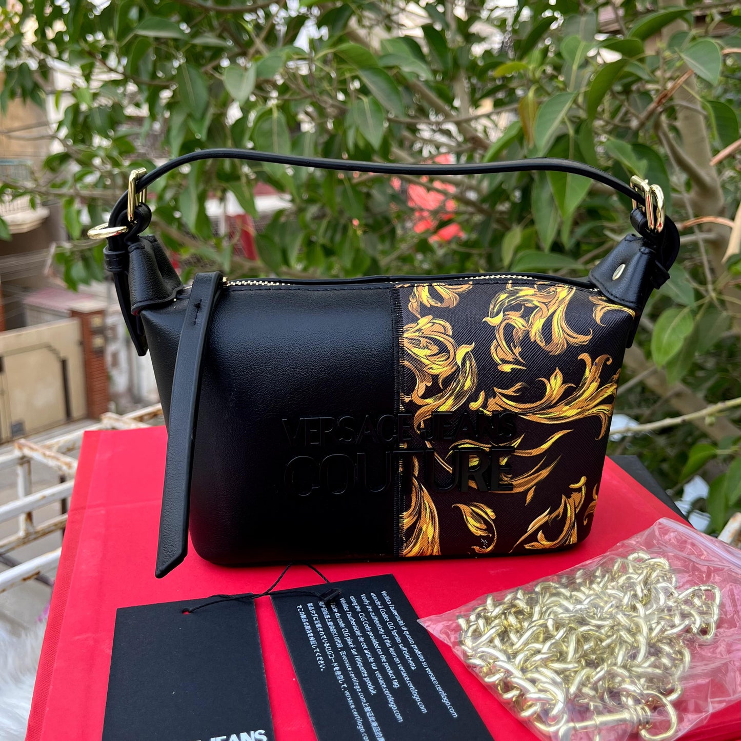 Versace-Inspired Gold Accent Shoulder Bag